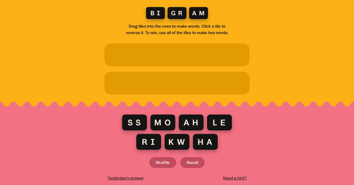 Bigram — Make words from reversible two-letter tiles in this daily puzzle game